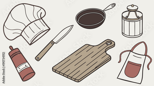 Chef Tools Collection Outline Drawing for Restaurant Menu Design Cooking Blog Food Service Promotion Kitchen Uniform and Utensils
