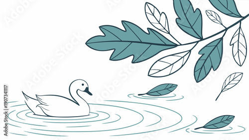 Tranquil Swan Gliding on Pond Water Under Autumn Oak Leaves for Nature Website Design or Seasonal Greeting Card Background