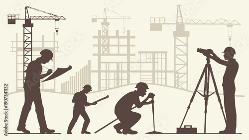 Construction Site Workers Surveying Land with Theodolite Against Tower Crane Building Silhouettes for Development Projects