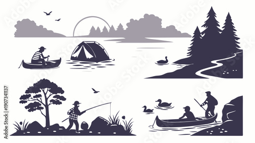 Outdoor Adventure Camping and Fishing Icons Set Canoeing Kayaking Lakeside Vacation Travel Design Elements
