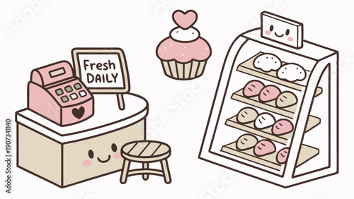 Cute Kawaii Bakery Counter with Cash Register and Mochi Display for Sweet Shop Web Design or Food Blog Graphics