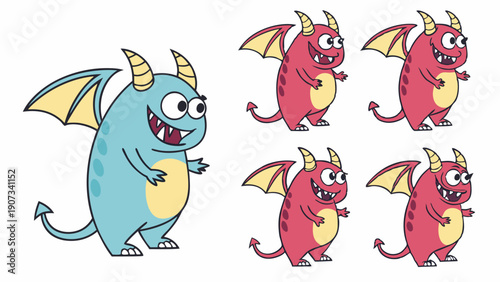 Cute Cartoon Monster Comparison One Blue Versus Four Red Characters for Childrens Game Design or App Illustration