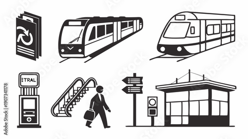Urban Public Transit Icons Set Subway Train Escalator Ticket Vending Station for City Travel Design Projects