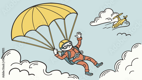 Excited Skydiver Parachuting Below Airplane Through Clouds for Adventure Sports Promotion or Travel Website Banner