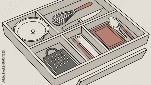 Organized Kitchen Drawer with Utensils and Cooking Gadgets for Home Organization and Culinary Design Projects