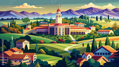 Very beautiful distant view toward Stanford University campus, with open landscapes, academic buildings, and a relaxed California atmosphere blending education and environment.