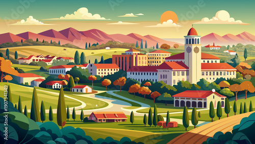 Very beautiful distant view toward Stanford University campus, with open landscapes, academic buildings, and a relaxed California atmosphere blending education and environment.