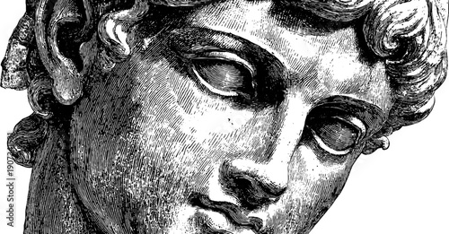 Timeless elegance of a statue head with botanical motifs in vintage engraving style