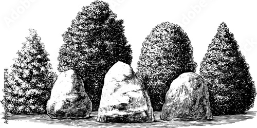 Vintage botanical stone sculpture with trees in engraved style for art design