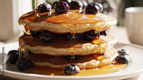 Golden Maple Syrup Pouring Over a Stack of Fluffy Pancakes with Fresh Blueberries