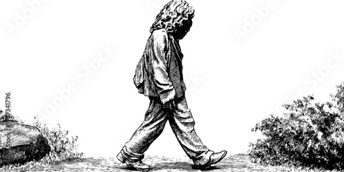 Study of stone statue in walking posture with vintage botanical elements