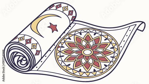 Unrolling Islamic Prayer Rug with Crescent Moon Star for Ramadan Worship and Spiritual Meditation