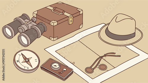 Vintage Explorer Gear Map Compass Binoculars Suitcase for Travel Adventure Discovery Journey Planning