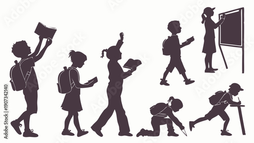 Diverse School Children Silhouettes Learning Reading Writing Studying Outdoors for Educational Website or Classroom Materials Design