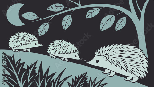 Nocturnal Family Hedgehogs Walking Under Moonlit Tree Branch for Children Book Illustration or Wildlife Website Design