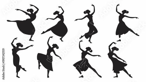 Diverse Female Dancers Silhouettes Performing Graceful Cultural or Fitness Poses for Event Promotion Web Design