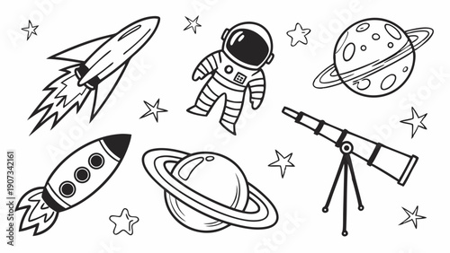 Astronaut Rocket Planet Telescope Coloring Page for Kids Education Science Fun Design Elements