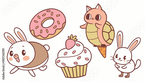 Cute Kawaii Cartoon Bunnies, Donut, and Cupcake Sweet Treats for Children's Party Invitations or Bakery Branding Fun