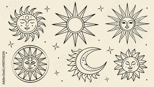 Mystical Celestial Sun and Moon Icons Set for Esoteric Branding Tattoo Design Spiritual Website Graphics