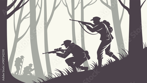 Silhouette Soldiers Hiking Uphill Through Dense Forest Tracking Target for Military Adventure or Survival Web Design