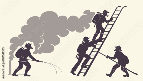 Firefighters or Rescue Team Climbing Ladder Through Thick Smoke for Emergency Response and Environmental Cleanup in Industrial Setting