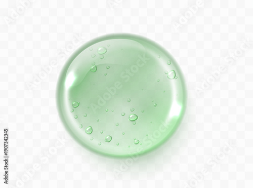 Green serum droplet with clear gel texture and air bubbles isolated on transparent background. Realistic cosmetic liquid element for skincare visuals.