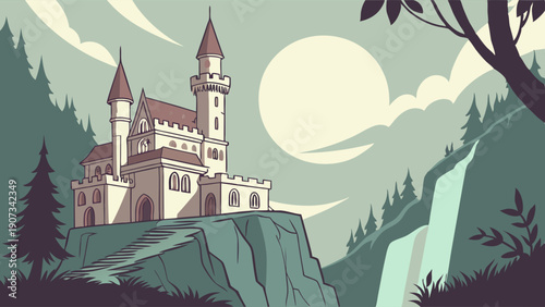 Fairytale Castle on Cliff by Waterfall for Fantasy Game Design or Children Book Illustration Backdrop