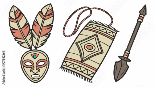 Tribal Artifacts Set Ancient Mask Feathers Spear Textile Design for Cultural Travel Adventure Website Graphics