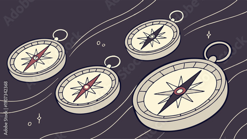 Four Compasses Navigating Direction Finding Journey Success for Adventure Travel or Corporate Guidance Design