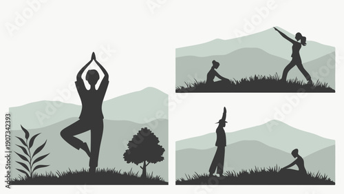 Outdoor Yoga Silhouettes Group Practicing Wellness Meditation in Mountain Landscape for Health Websites and Fitness Promotion