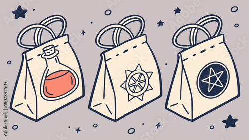 Mystical Goodie Bags with Potion and Magic Symbols for Occult Retail or Witchcraft Supplies Design