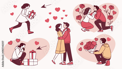 Romantic Valentine Couple Celebration Set Gifts Hugs Proposal Flowers for Dating App Web Design Illustration