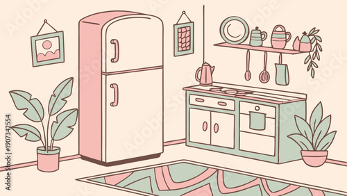 Charming Retro Kitchen Interior Design for Home Decor Blog or Real Estate Web Banner Featuring Pink and Mint Appliances