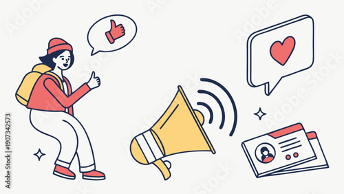Influencer Promoting Social Media Engagement with Megaphone and Thumbs Up for Audience Growth and Positive Feedback Campaigns