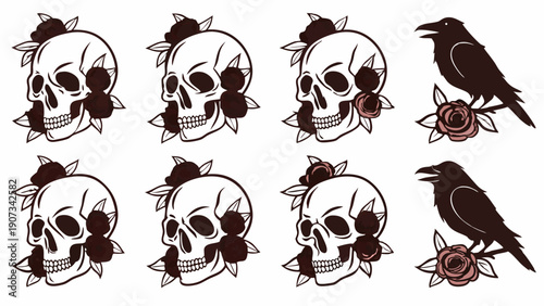 Gothic Skull and Raven Tattoo Flash Seamless Pattern for Apparel Design Dark Edgy Background Vector Illustration
