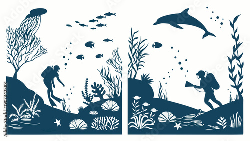 Underwater Scuba Divers Exploring Coral Reef Ecosystem with Dolphins and Sea Life Silhouette for Ocean Ecology Design