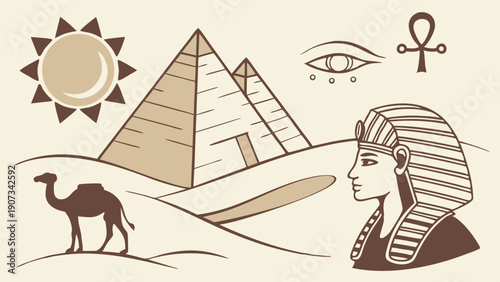 Ancient Egyptian Pyramids Desert Scene with Pharaoh Profile Camel Sun Eye Ankh for Travel History Education Design Projects