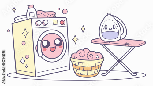 Cute Kawaii Laundry Day Scene Washing Machine Ironing Clothes for Home Cleaning Service Web Design