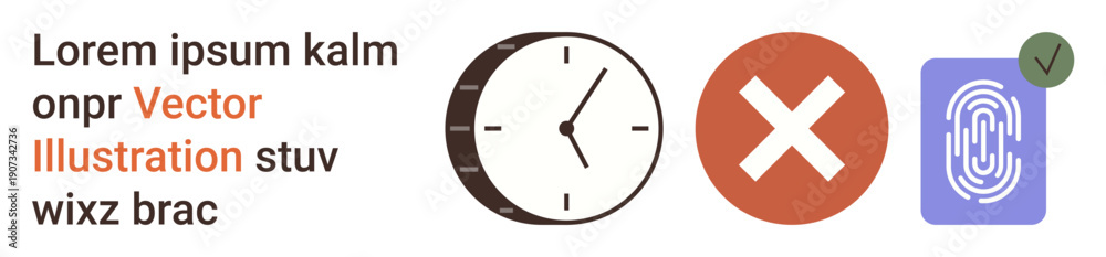 Obraz premium Time management, security systems, identity verification, user authentication, error checking, digital access. A clock, error symbol and fingerprint icon. Time management and security systems