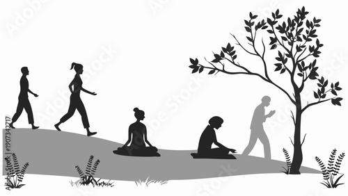 Silhouettes Show Progression From Walking Meditation to Rest Under Tree for Wellness and Mindfulness Web Design Projects