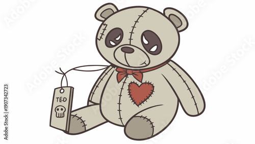 Stitched Grunge Teddy Bear Toy with Heart Patch and Skull Tag for Goth Kids Apparel Design or Emotional Comfort Marketing