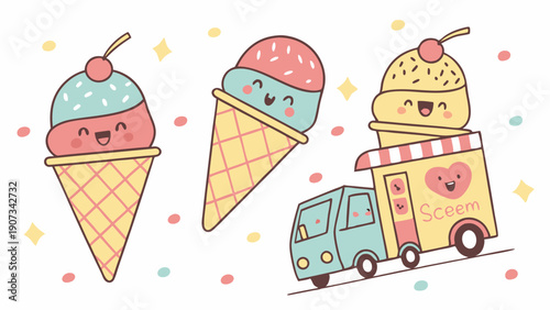 Cute Kawaii Ice Cream Cones and Truck Illustration for Summer Dessert Menus Web Design Fun Food Promotion
