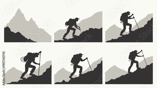 Silhouette Hiker Climbing Steep Mountain Trail With Trekking Poles For Adventure Travel Web Design Success Journey Growth