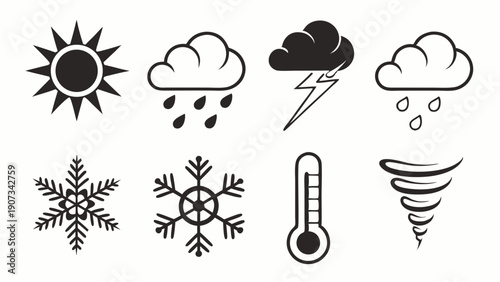 Weather Forecast Icons Set Sun Rain Snow Storm Thermometer Tornado for Meteorology App Design and Seasonal Reporting