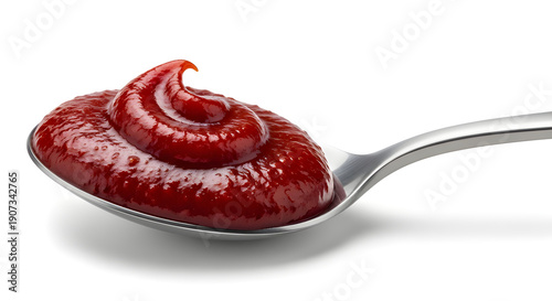 Gochujang sauce on metal spoon isolated on white background, bold Korean chili paste with rich texture.