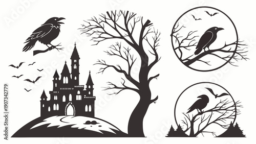 Spooky Halloween Silhouette Set Creepy Raven Castle Haunted Tree Design for Holiday Posters Web Graphics T-Shirt Prints