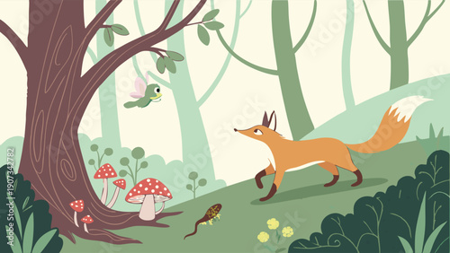Charming Fox Meets Tadpole and Bird in Whimsical Forest Scene for Children's Book Illustration or Nature Website Banner
