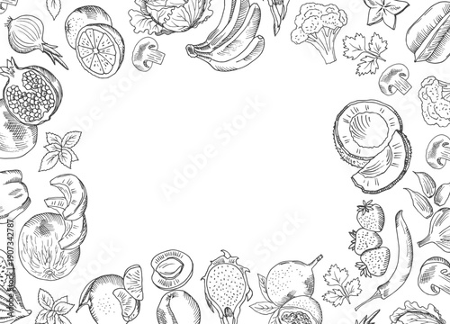 Fruit frame in sketch style. Hand drawn food banner