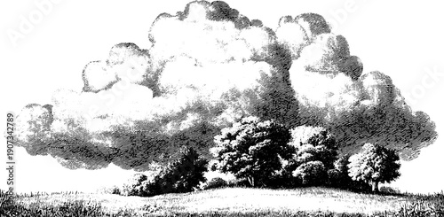 Vintage botanical sketch of weather phenomena with clouds and trees for artistic design