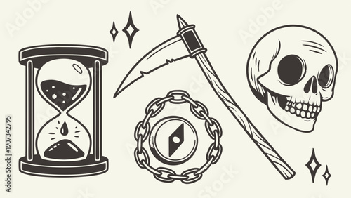 Grim Reaper Scythe Skull Hourglass Chain Tattoo Design for Mortality Fate Time Management Graphic Novel Tattoos